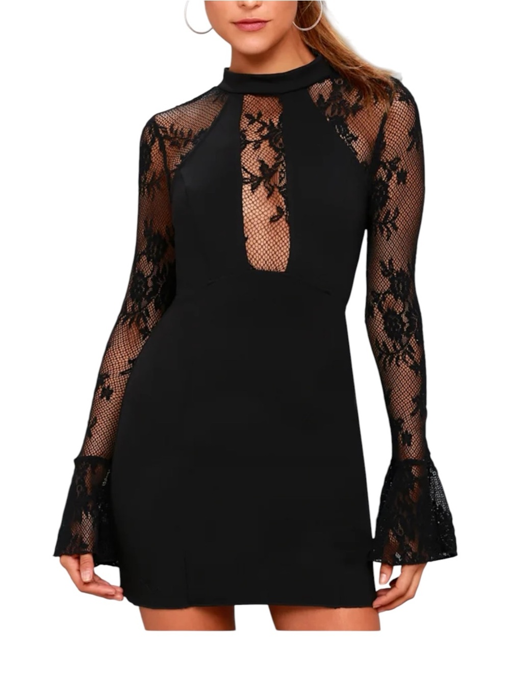 Free People It's Now or Never Lace Bodycon Dress Bell Sleeve Open Back Black S